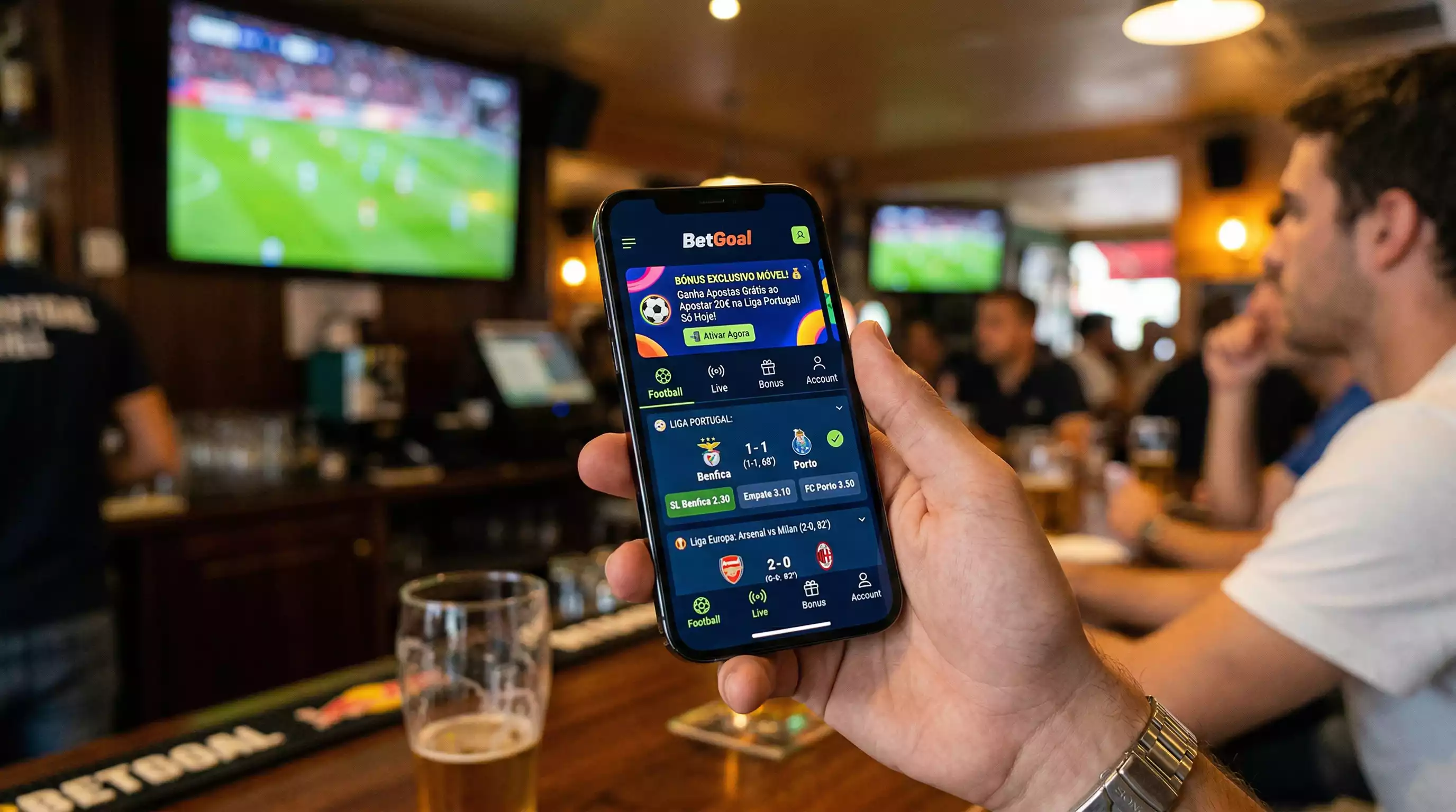 Smartphone com app de apostas aberta a mostrar bonus exclusivo mobile