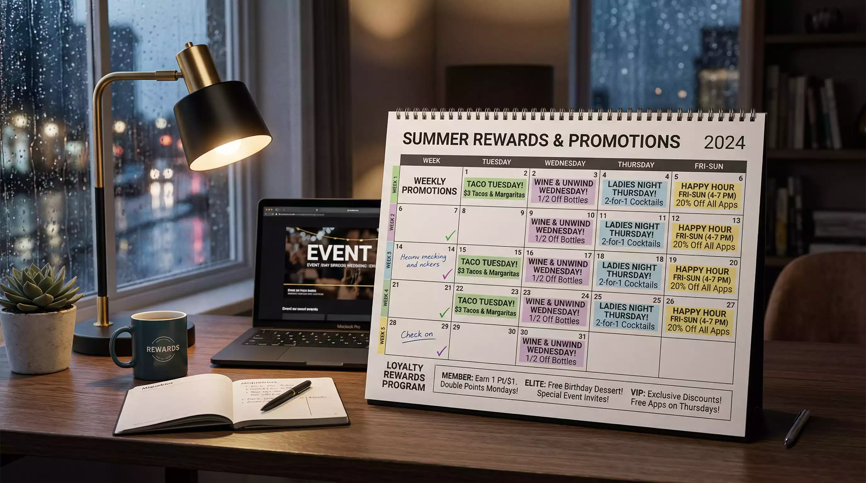Calendario com datas marcadas indicando bonus semanais recorrentes