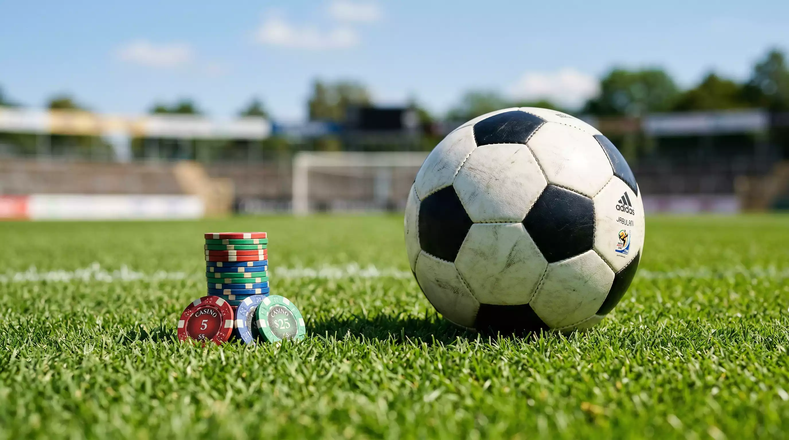 Fichas de casino e bola de futebol lado a lado representando duas opcoes