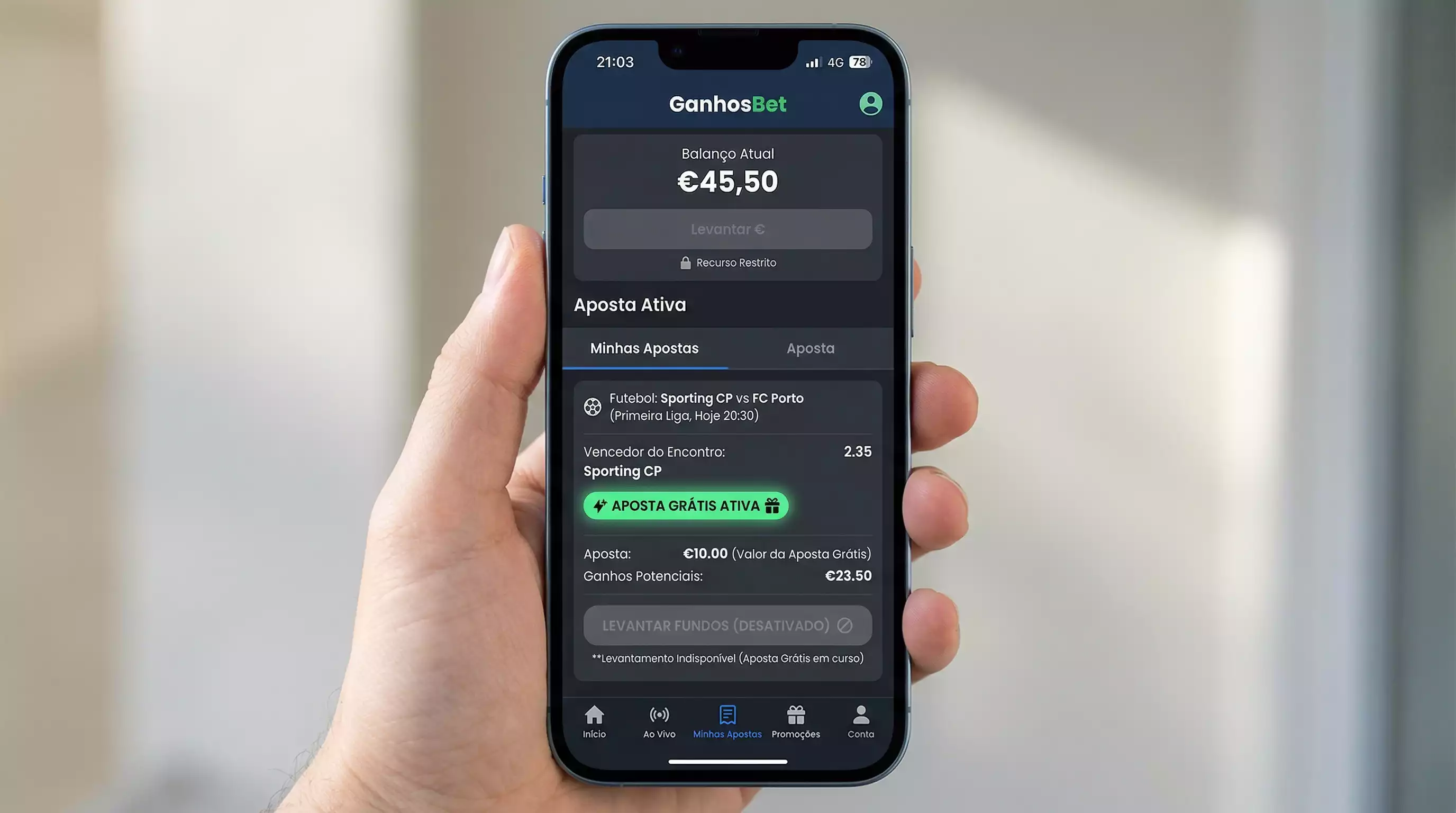 Ecra de apostas a mostrar botao de cash out a cinzento com freebet em uso