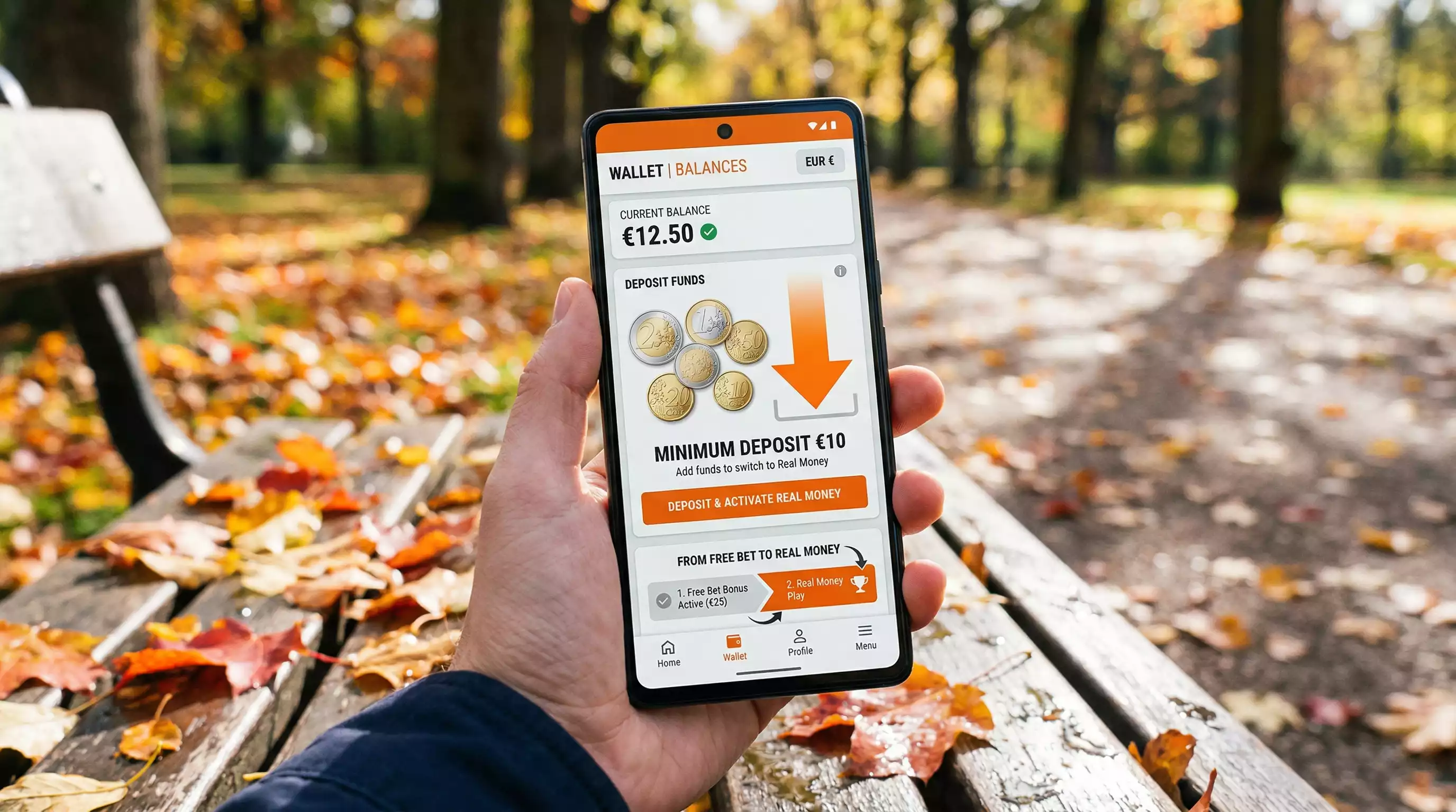 Carteira digital com moedas de euro e seta a indicar deposito minimo