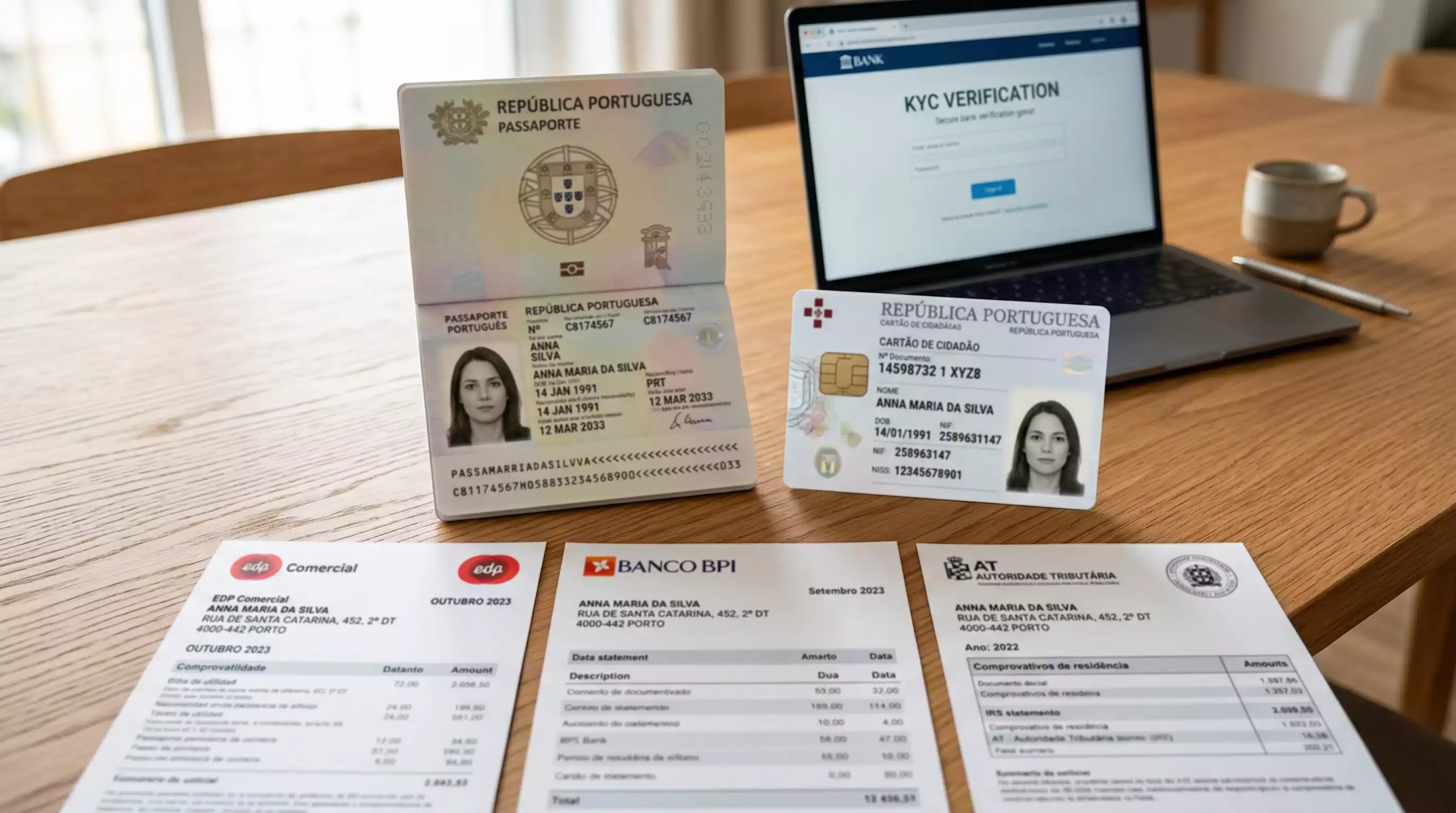 Passaporte portugues cartao de cidadao e fatura de servicos sobre mesa