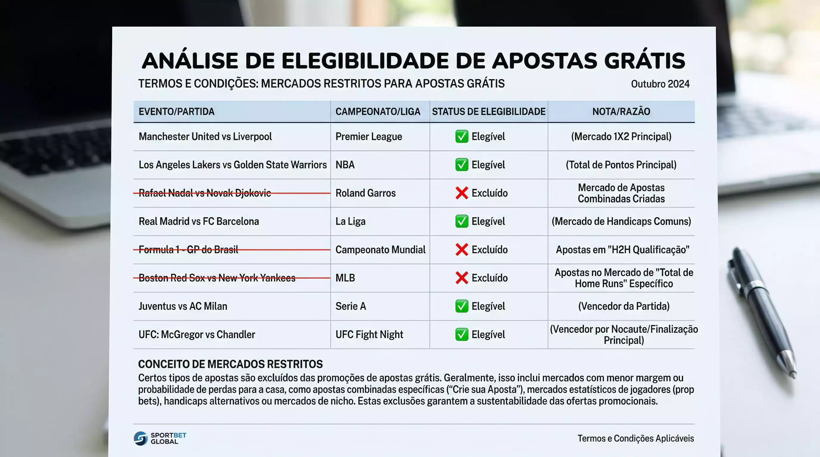 Lista de eventos com alguns riscados indicando exclusoes de freebet