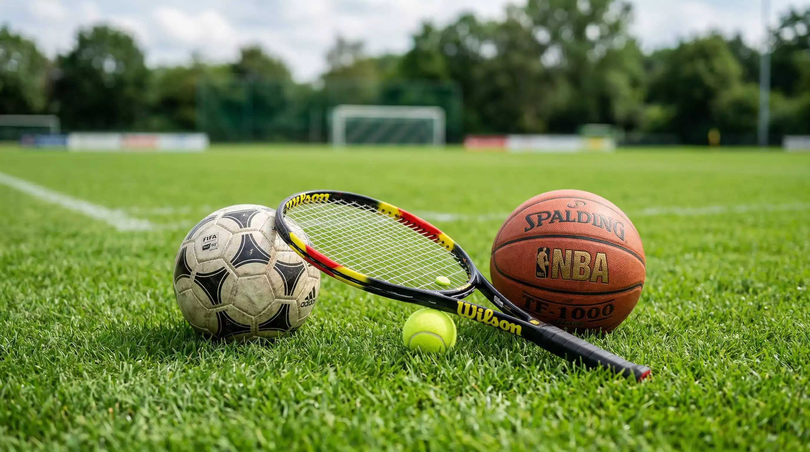 Bola de futebol raquete de tenis e bola de basquetebol dispostos sobre relva
