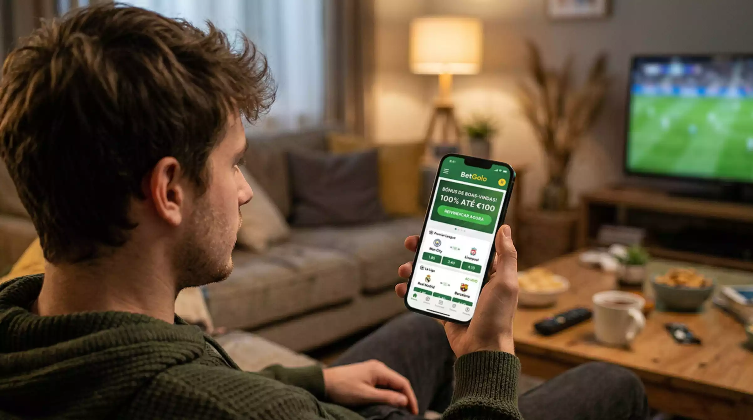 Pessoa jovem a usar smartphone pela primeira vez numa app de apostas