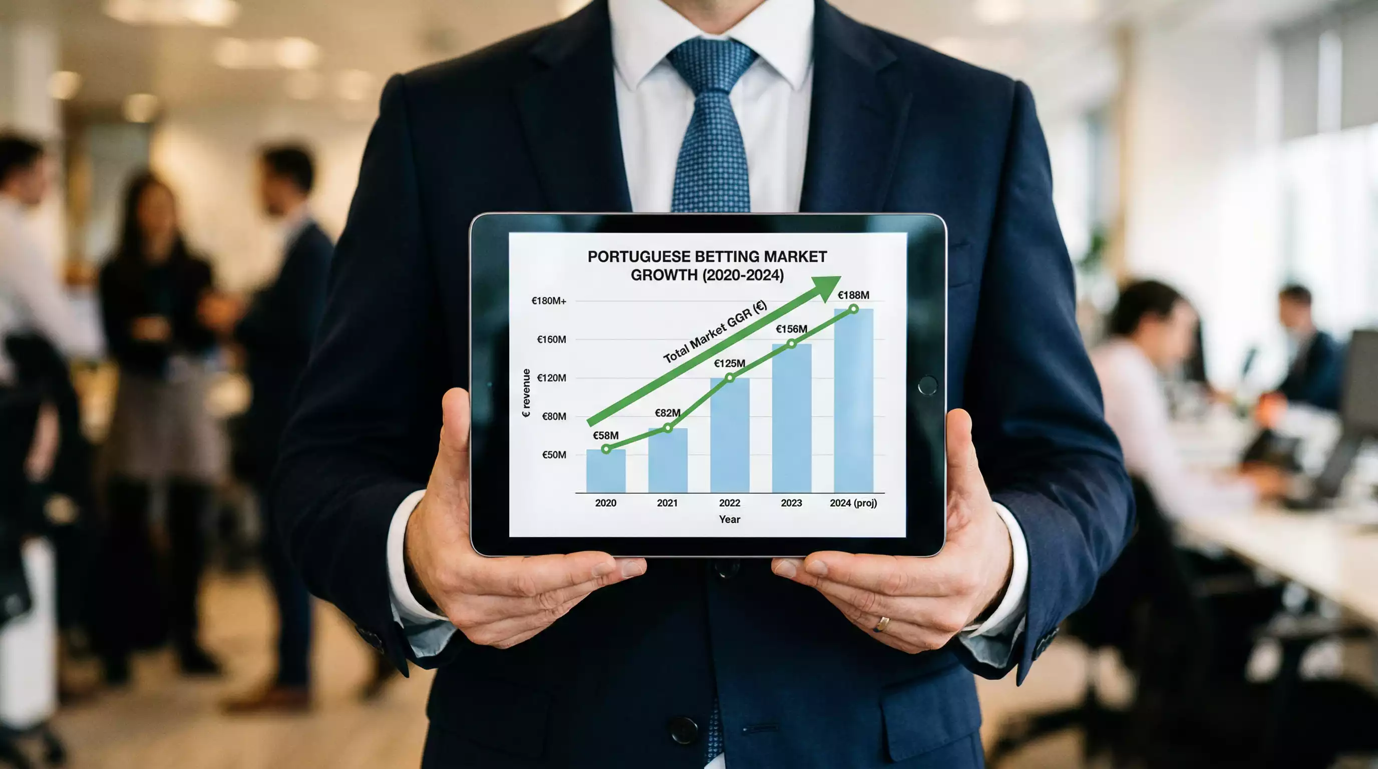 Grafico de crescimento do mercado de apostas em Portugal com linha ascendente