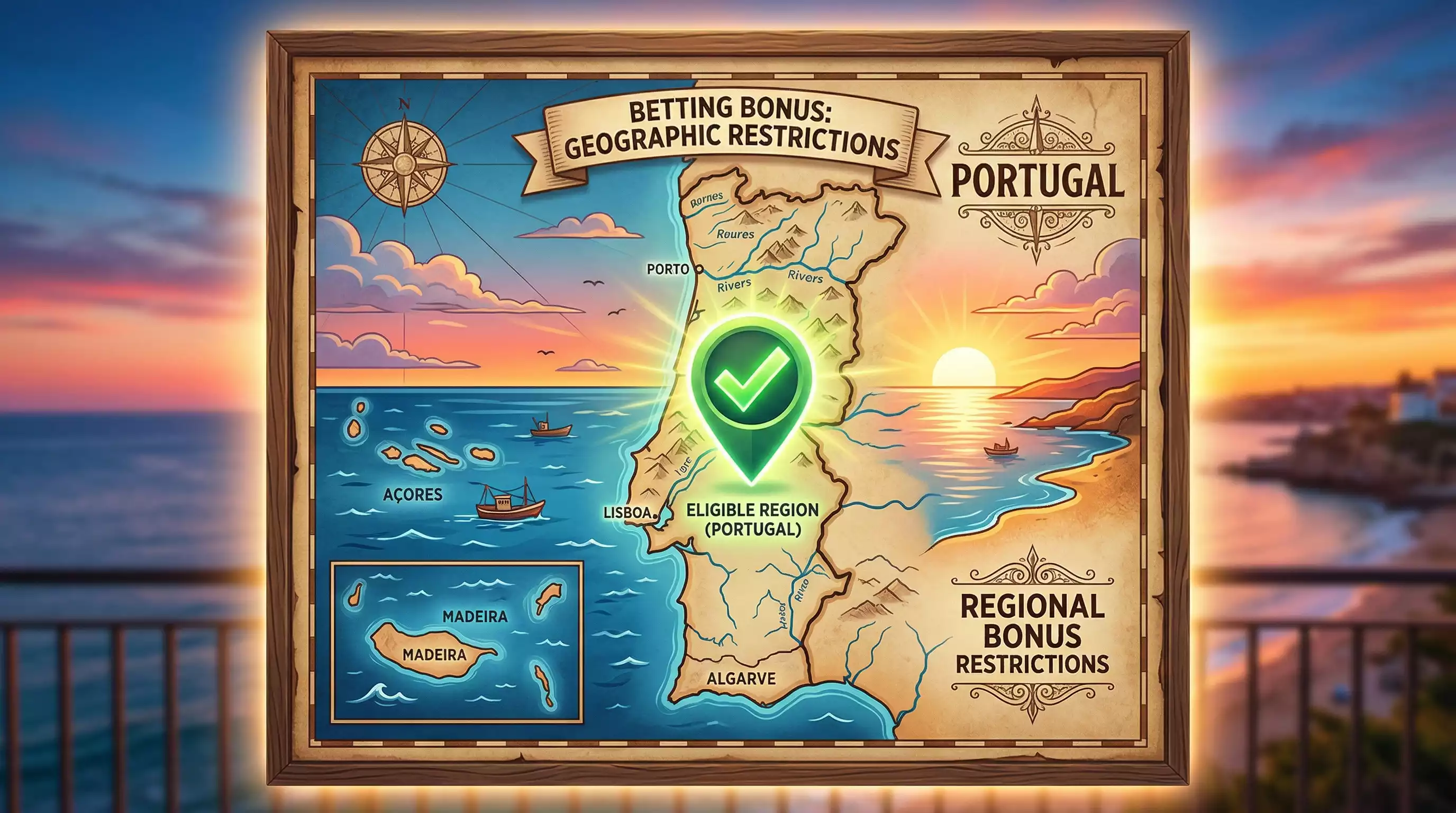 Mapa de Portugal destacado com simbolo de verificacao de localizacao